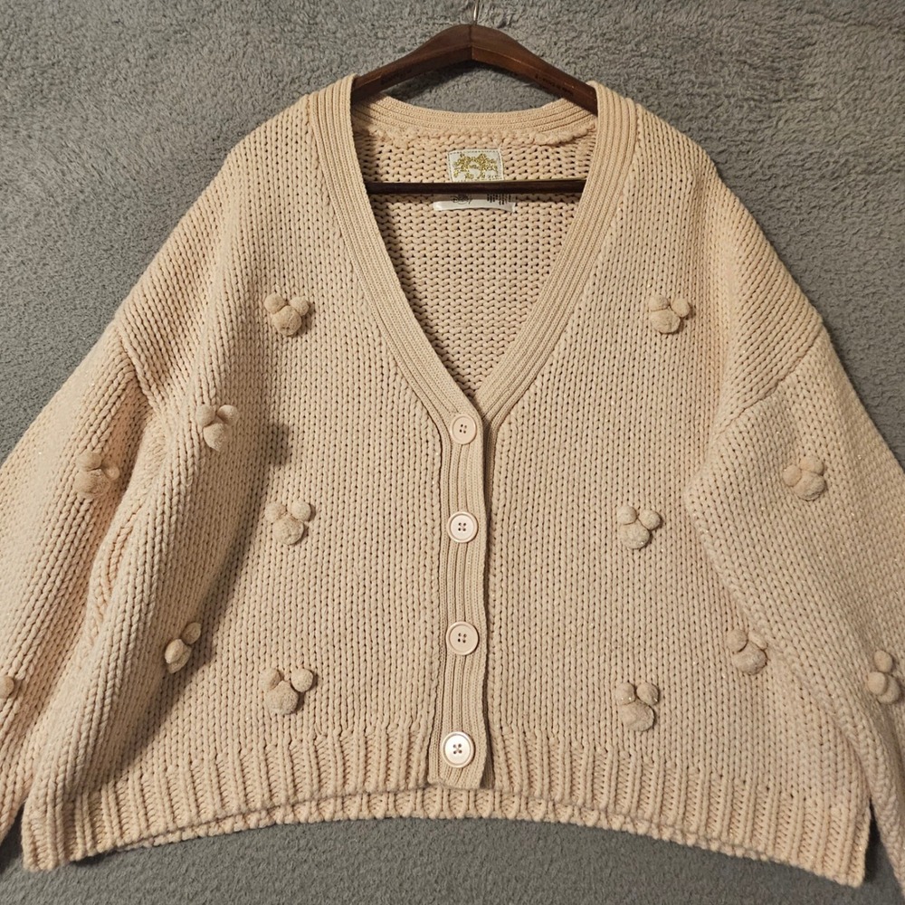 Disney Parks Mickey Mouse Pom Pom Shaker Knit Cardigan Pink Gold Women's Size XL - Picture 3 of 9